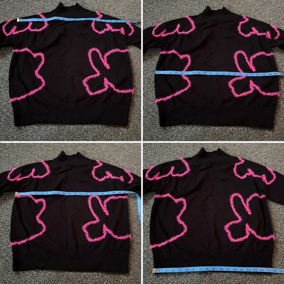 Modest Black Pink Flower Embroidered Mohair Design Mockneck Long-Sleeve Sweater - Picture 11 of 13